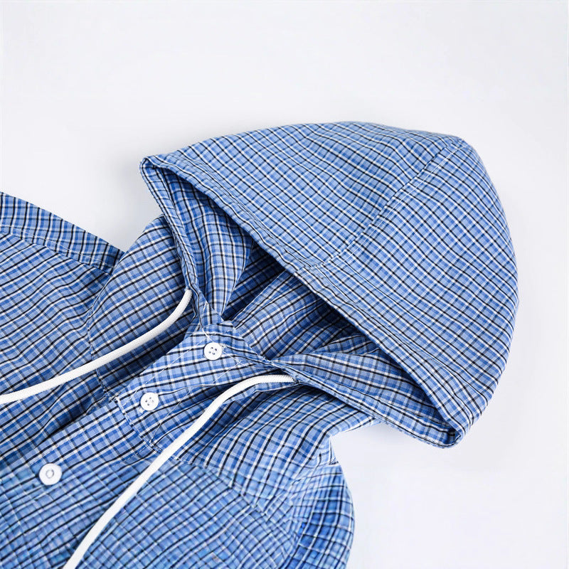 Unisex Kapuzen-Overshirt im karierten Longline-Schnitt mit Pattentaschen und Druckknopfleiste Echoarchiv