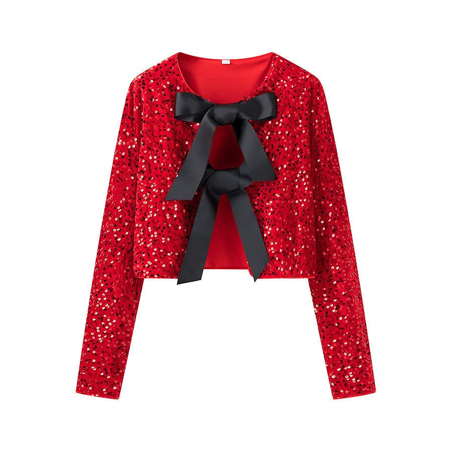 Damen glitzernde Cropped-Bolerojacke mit Paillettenbesatz und dekorativen Satinschleifen – Célinea