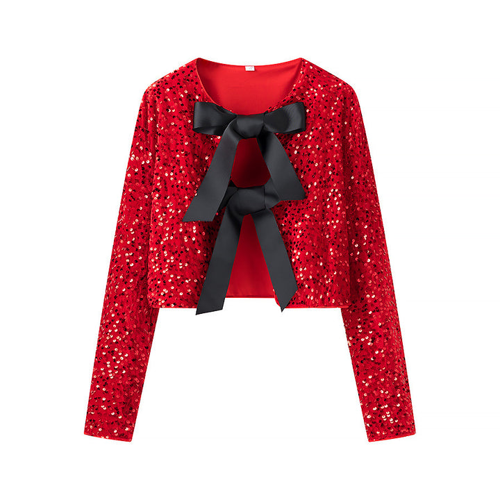 Damen glitzernde Cropped-Bolerojacke mit Paillettenbesatz und dekorativen Satinschleifen – Célinea