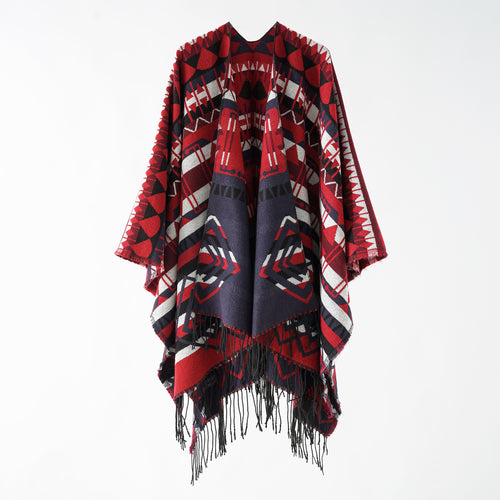 Damen Geometrisch gemusterter Wollmix‑Poncho mit Zipfel und Fransen Echo Archiv