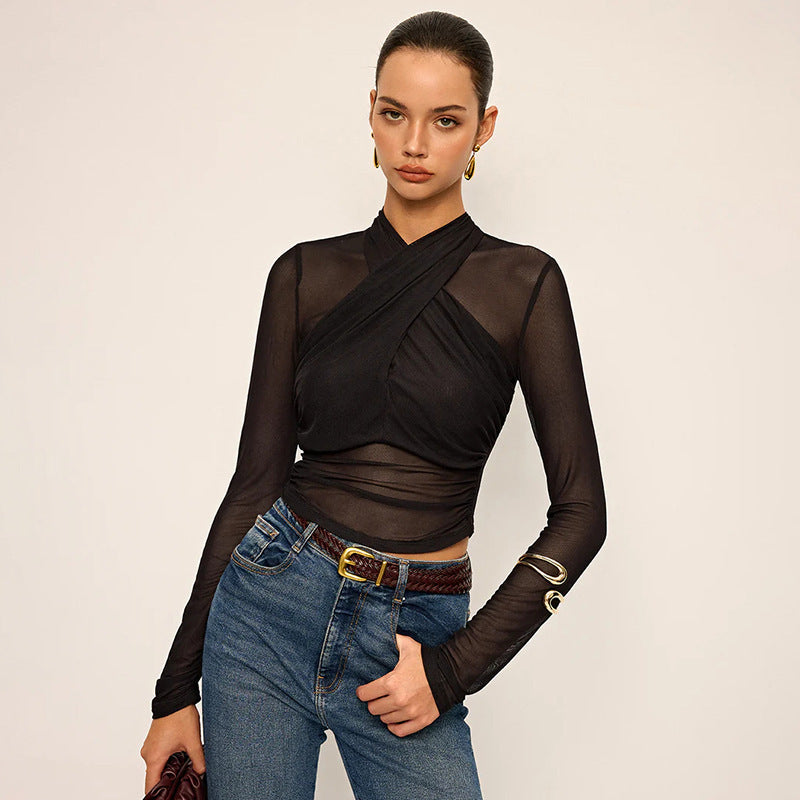 Damen Elegantes Wickeloberteil mit transparentem Stoff und langen Ärmeln Echo Archiv