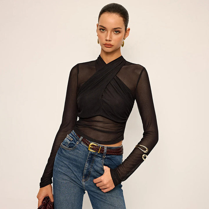 Damen Elegantes Wickeloberteil mit transparentem Stoff und langen Ärmeln Echo Archiv