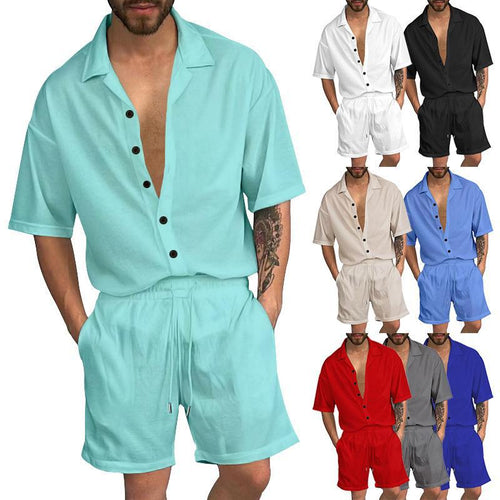 Herren lässiges Kurzarm-Oberteil mit Knopfleiste und bequemen Shorts Echoarchiv