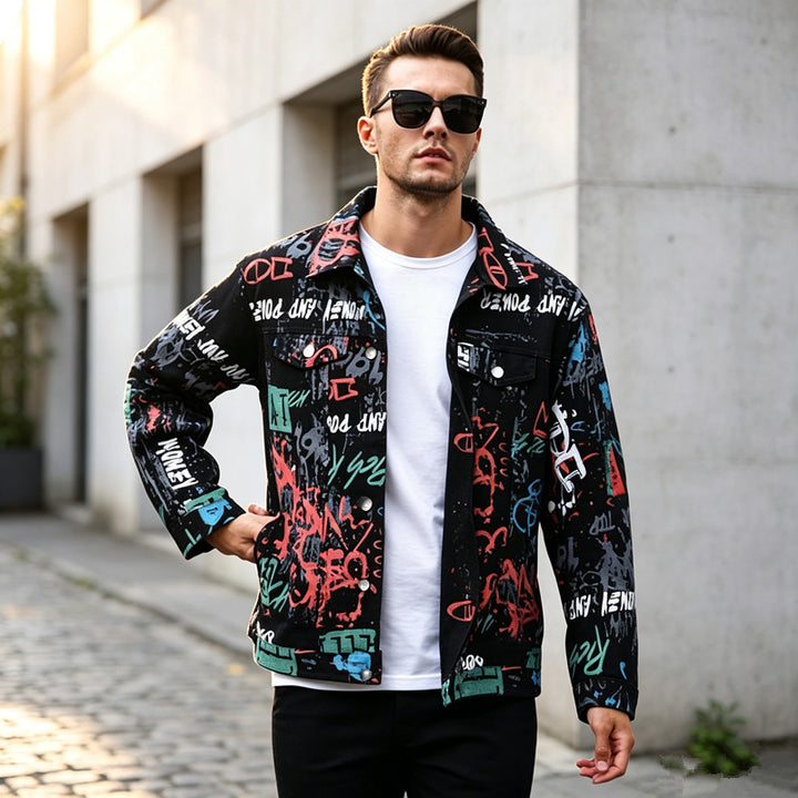 Herren Stilvolle Graffiti-Jeansjacke Echoarchiv