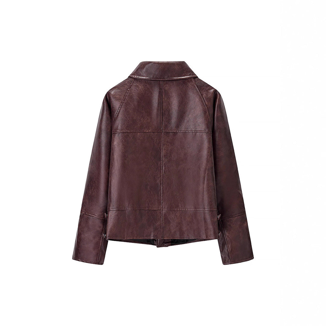 Damen Kurzer Boxy‑Lederimitat‑Blouson mit geometrischen Nahtdetails und Hemdkragen Echoarchiv