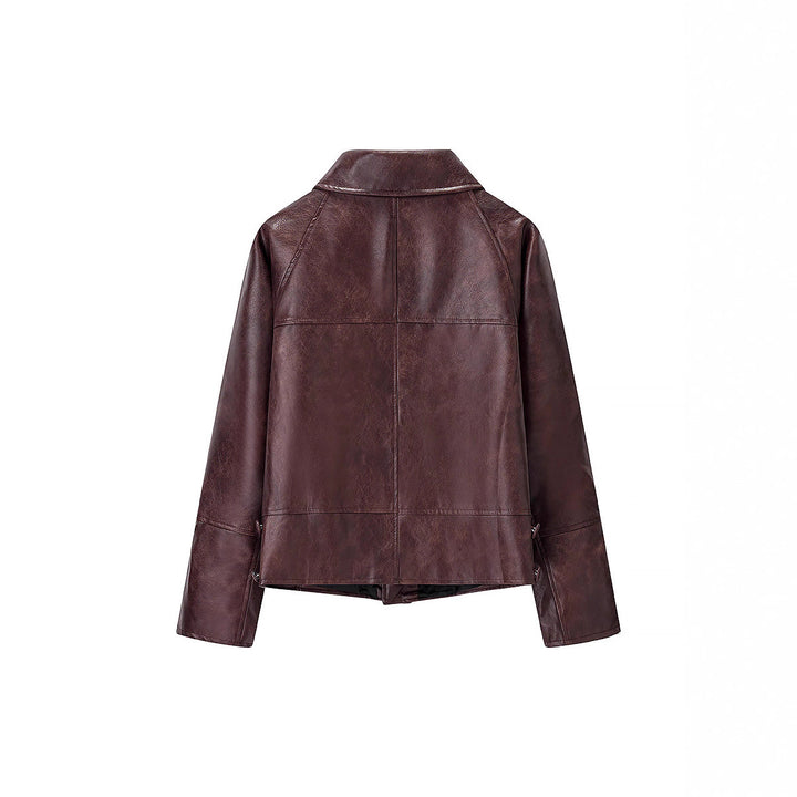 Damen Kurzer Boxy‑Lederimitat‑Blouson mit geometrischen Nahtdetails und Hemdkragen Echoarchiv