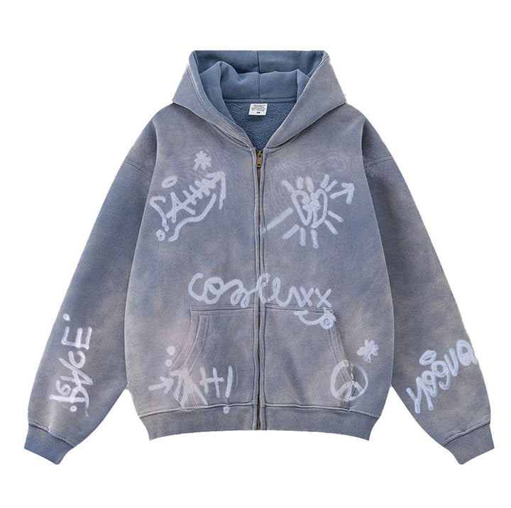 Unisex nan oversized Kapuzenjacke mit durchgehendem Reißverschluss, gebürstetem Fleecefutter und handähnlichem Sprayprint Echo Archiv