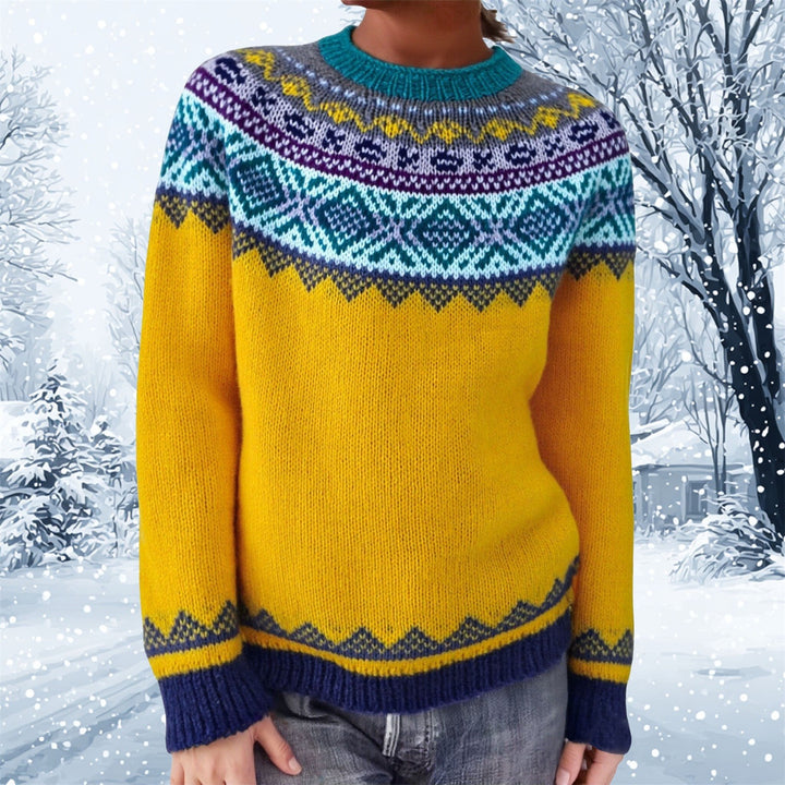 Damen nan melierter Rundhalsausschnittpullover mit kreisförmigem Jacquard-Yoke und geripptem Saum Echo Archiv