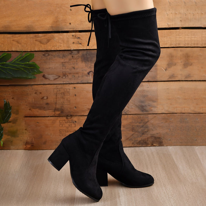 Damen Stretch Overknee Stiefel mit elastischem Schaft und mittlerem Blockabsatz Echoarchiv