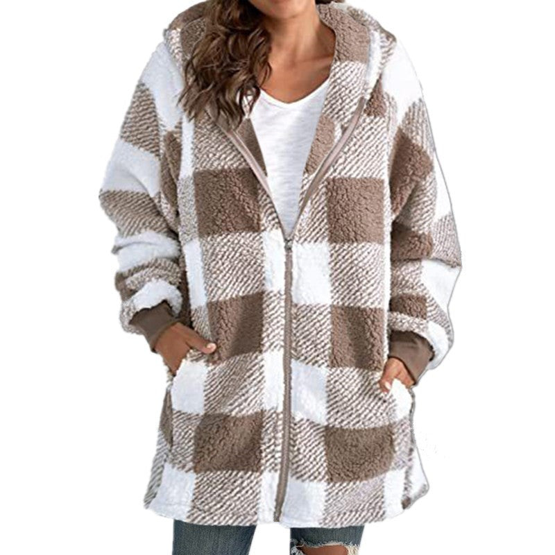 Damen Kariertes Teddy-Fleece-Mantel mit Kapuze und Reißverschluss Echo Archiv