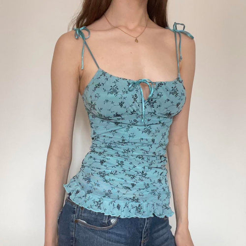 Damen luftiges Blumenmuster Top mit Rüschendetails und verstellbaren Trägern Echo Archiv
