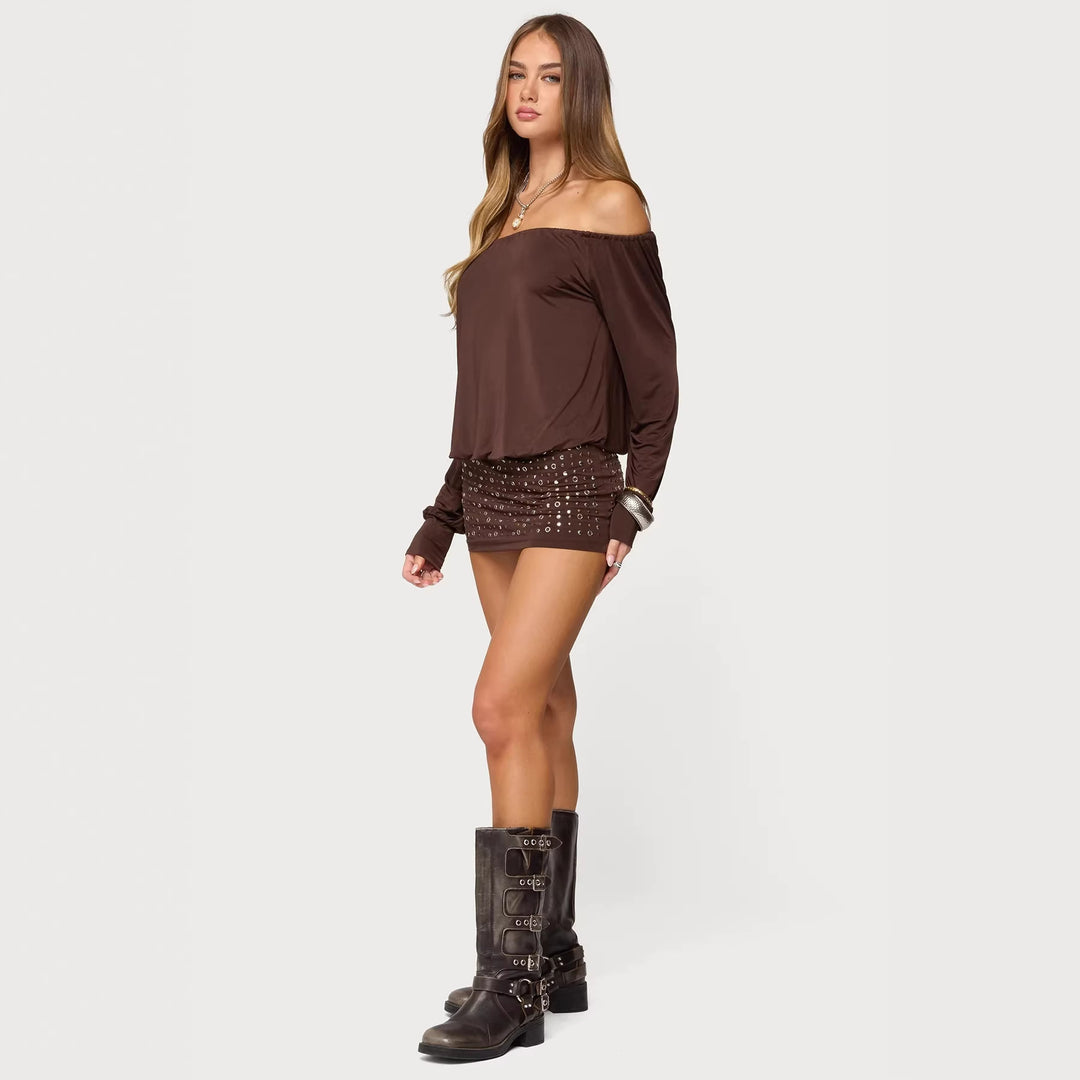 Damen Off-Shoulder Top mit eleganten langen Ärmeln und figurbetontem Rock Echo Archiv
