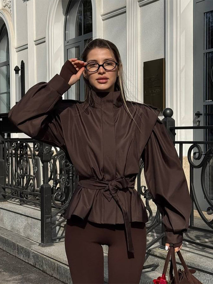Damen Taillierte Peplumjacke mit Bindegürtel und voluminösen Ärmeln Echoarchiv