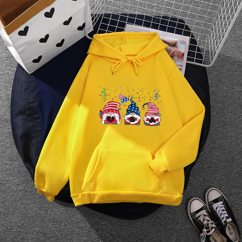 Damen Kapuzenpullover mit patriotischem Gartenzwerg-Print, angerautem Fleece-Innenfutter, Oversize-Schnitt und Kängurutasche – Auréline