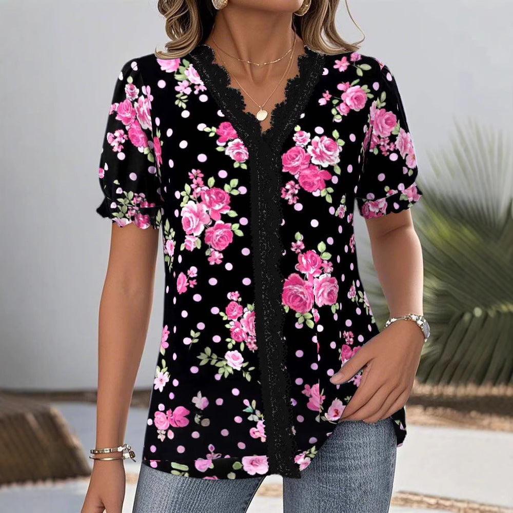 Damen nan florale V-Ausschnitt-Bluse mit dekorativer Spitzenblende und gerafften Kurzärmeln Echo Archiv