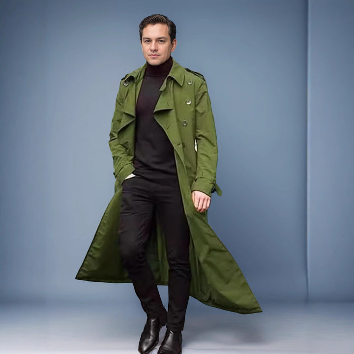 Herren Wasserabweisender Long-Trenchcoat mit doppelter Knopfleiste, Schulterklappen und verstellbarem Taillengürtel Echoarchiv