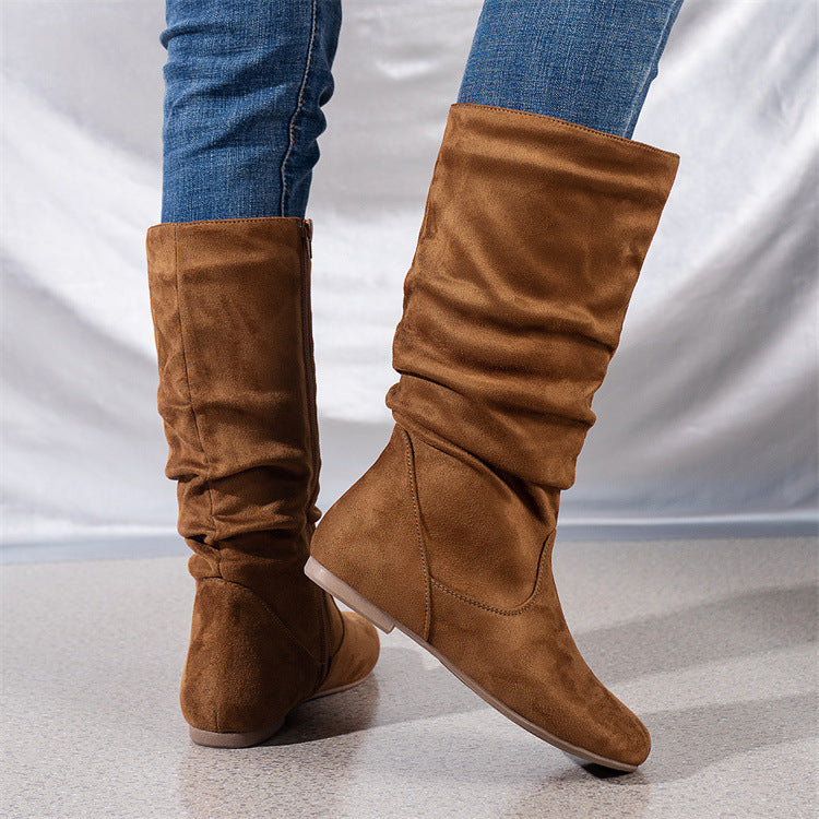 Damen Slouch-Stiefel mit flachem Absatz, seitlichem Reißverschluss und weichem Velours – Lioré