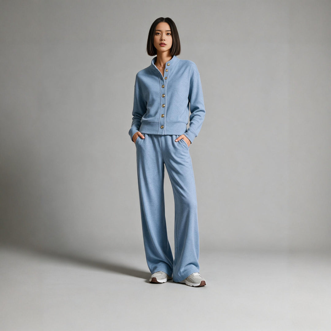 Damen Sweatjacke mit Druckknopfleiste, Stehkragen und weichem Lounge-Schnitt Echoarchiv