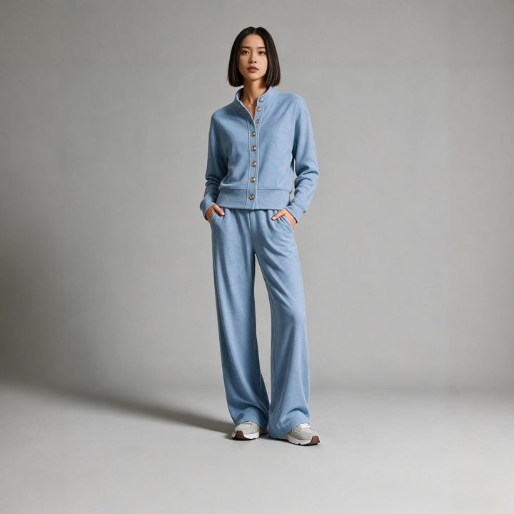 Damen Sweatjacke mit Druckknopfleiste, Stehkragen und weichem Lounge-Schnitt Echoarchiv