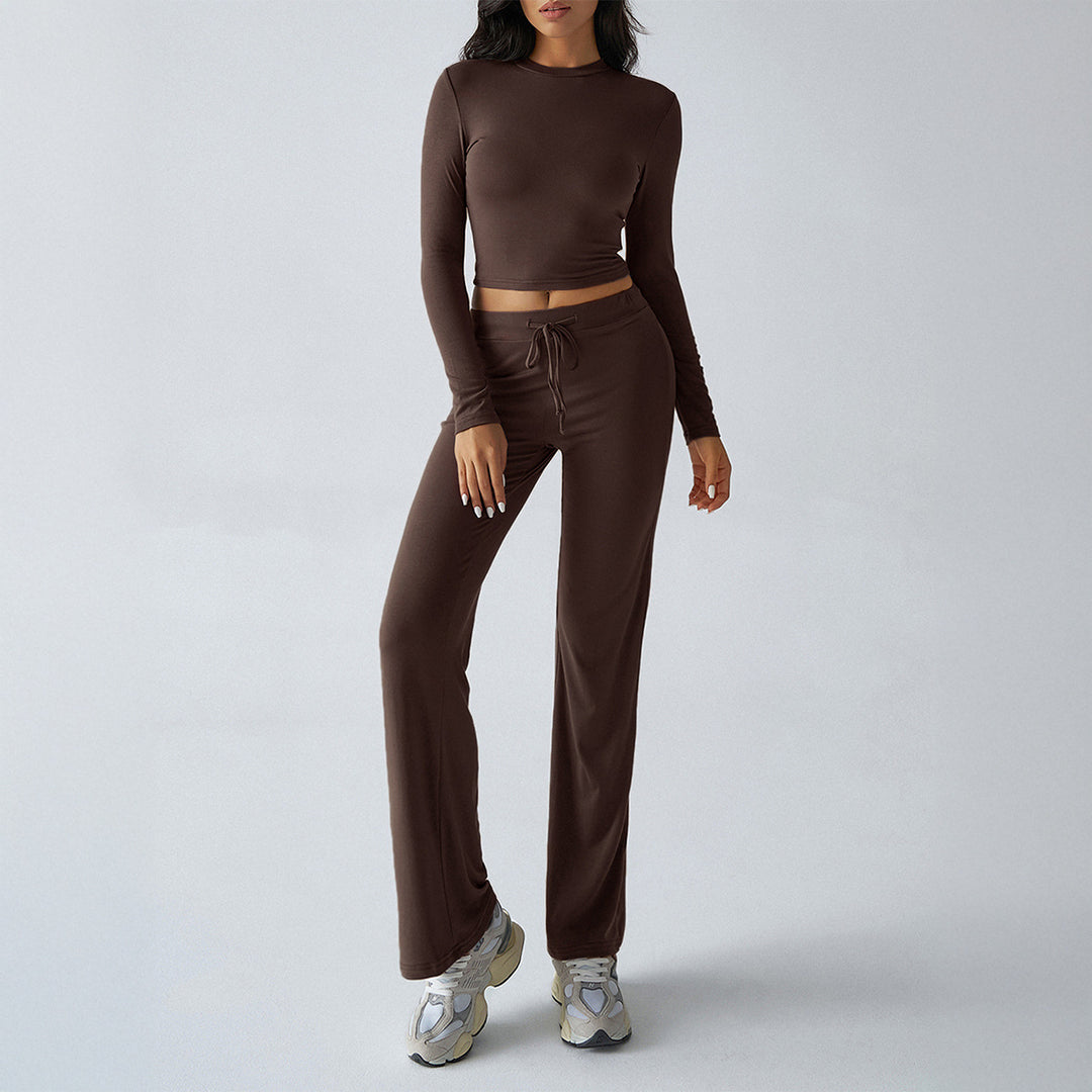 Damen nan tailliertes Longsleeve-Crop-Top und weite Lounge-Hose im Zweiteiler-Set aus Stretchjersey Echo Archiv