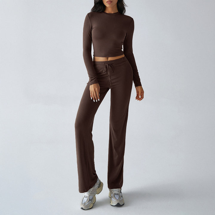 Damen nan tailliertes Longsleeve-Crop-Top und weite Lounge-Hose im Zweiteiler-Set aus Stretchjersey Echo Archiv