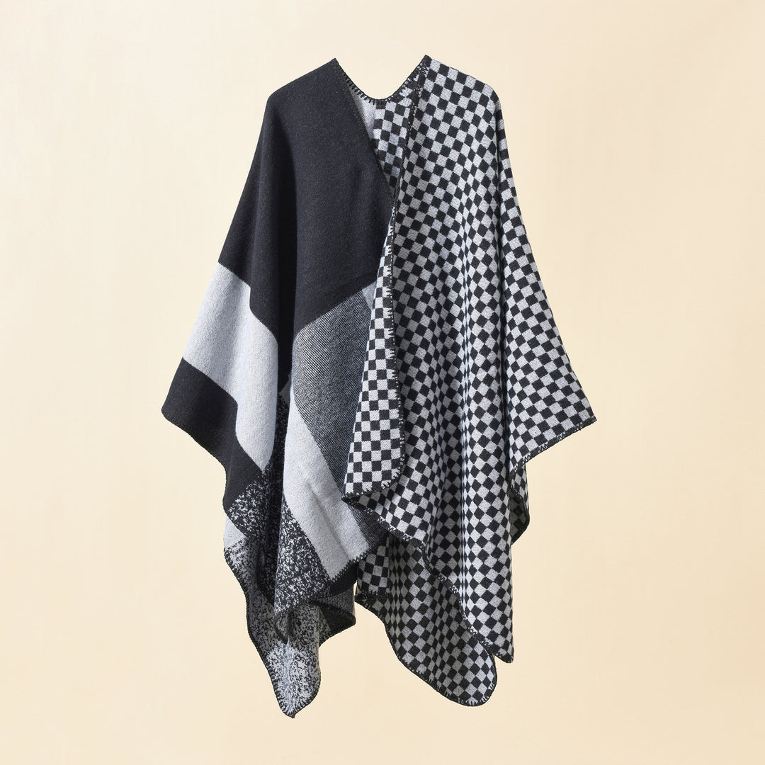 Damen Wendbarer Karomuster-Capeponcho aus Wollmix mit kastigem Oversize-Fall Echo Archiv