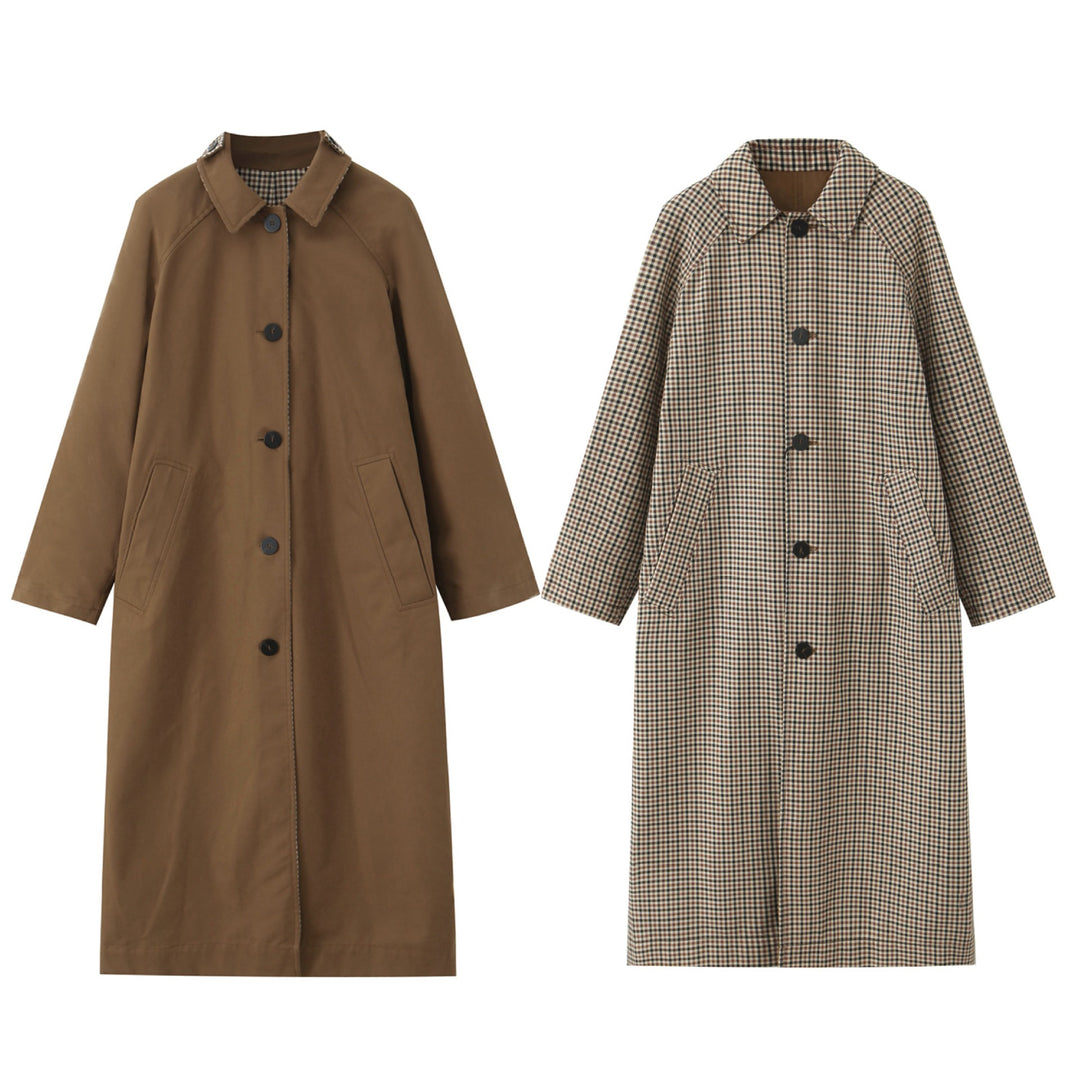 Damen langer minimalistischer Trenchcoat mit kariertem Innenfutter Echo Archiv