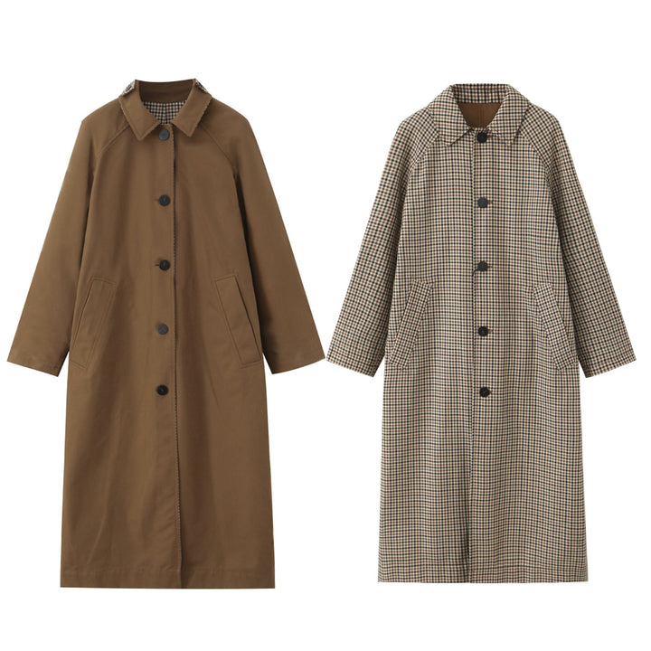 Damen langer minimalistischer Trenchcoat mit kariertem Innenfutter Echo Archiv