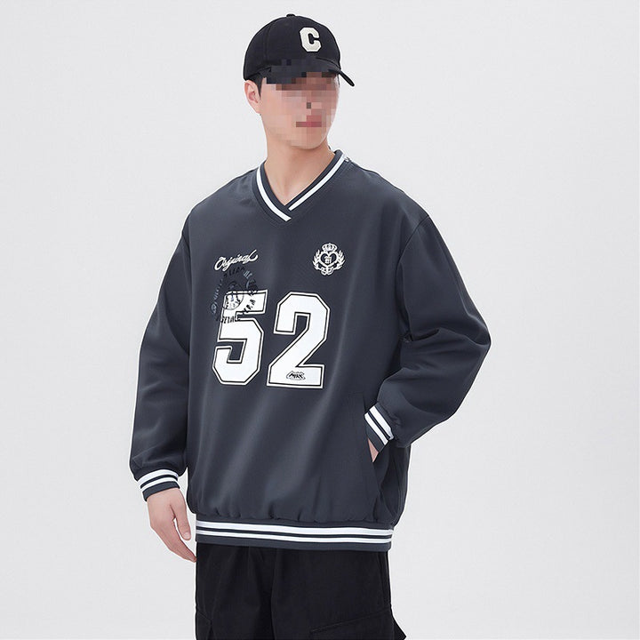 Herren Oversize V‑Ausschnitt Sportsweatshirt im College‑Look mit gestreiften Bündchen Echoarchiv