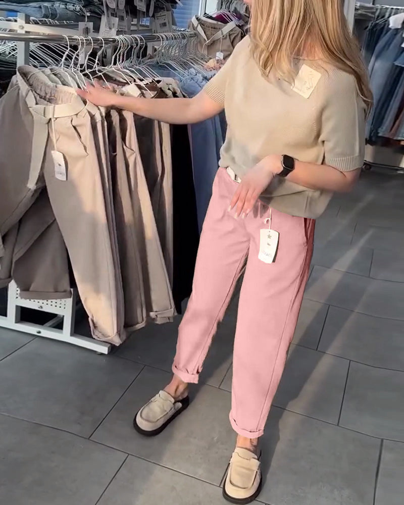 Damen nan lässige Baumwoll-Chino mit elastischem Komfortbund, Umschlag und Ziergürtel Echo Archiv