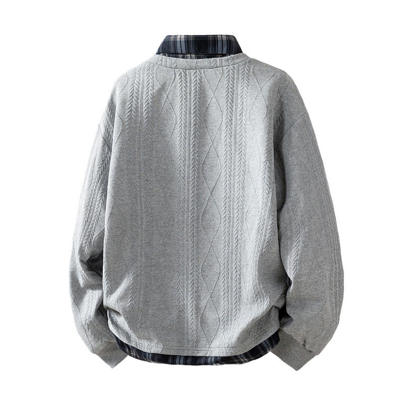 Herren gestrickter strukturierter V-Ausschnitt Schicht-Pullover mit integriertem Karottenkragen-Einsatz – Norvane