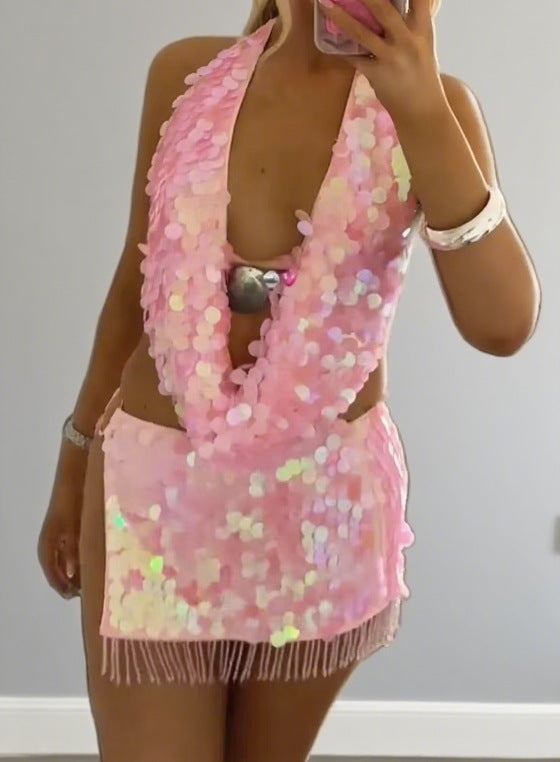 Damen Glamouröses Strandkleid mit Pailletten und Fransen Echo Archiv