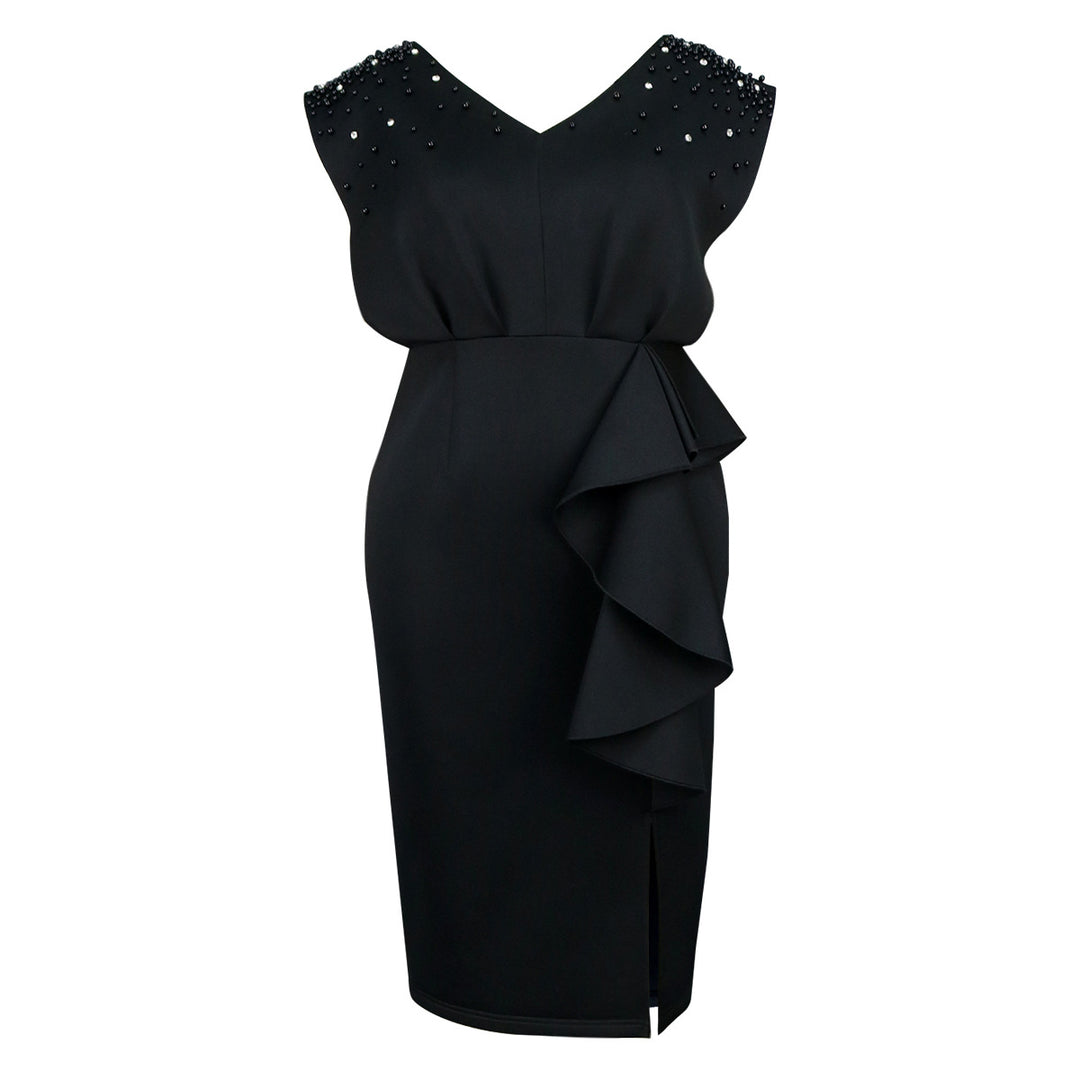 Damen elegantes Wickelkleid mit schimmernden Perlen und asymmetrischem Rüschensaum Echo Archiv
