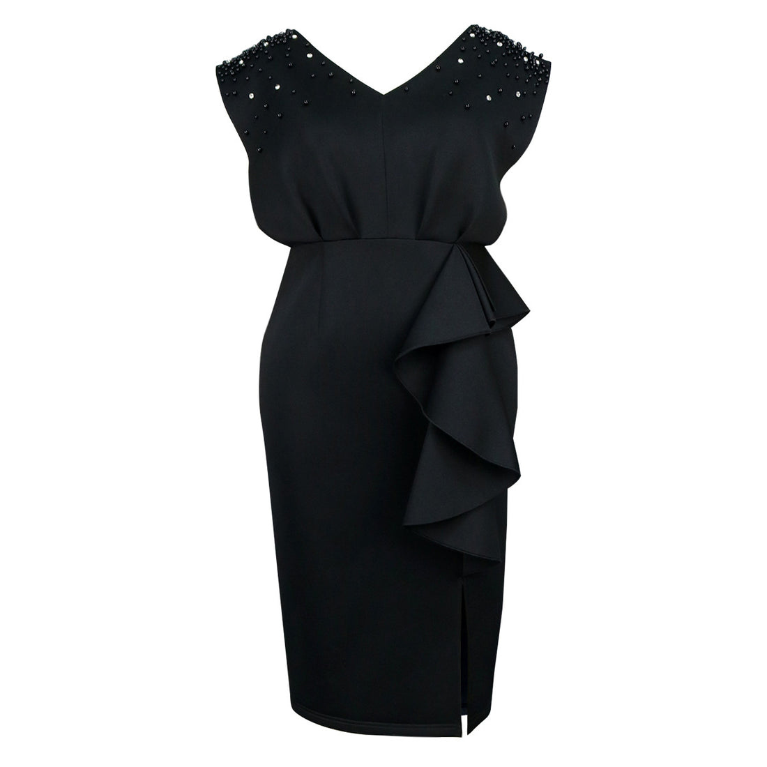 Damen elegantes Wickelkleid mit schimmernden Perlen und asymmetrischem Rüschensaum – Élara