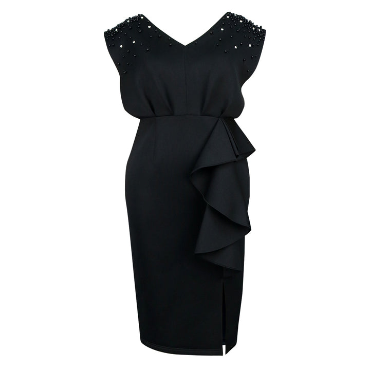 Damen elegantes Wickelkleid mit schimmernden Perlen und asymmetrischem Rüschensaum Echo Archiv