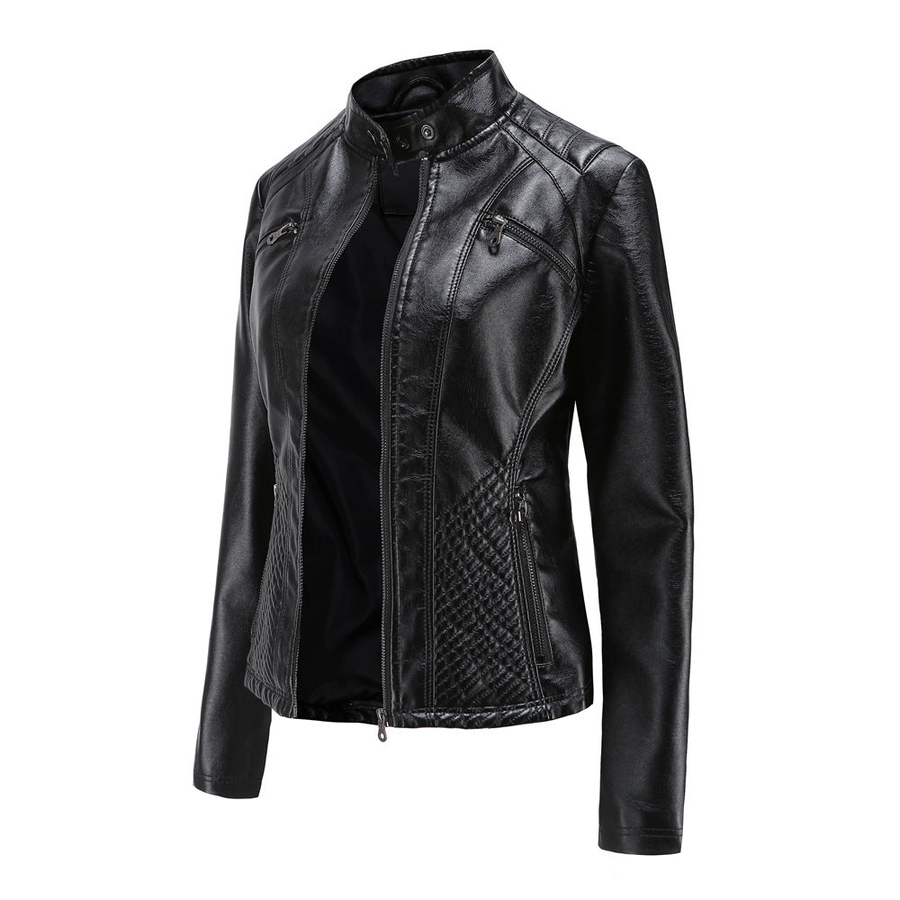 Damen nan taillierte Bikerjacke aus Kunstleder mit Stepppaneelen und Stehkragen Echo Archiv