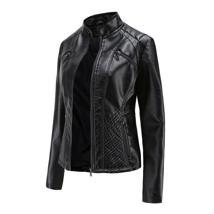 Damen nan taillierte Bikerjacke aus Kunstleder mit Stepppaneelen und Stehkragen Echo Archiv