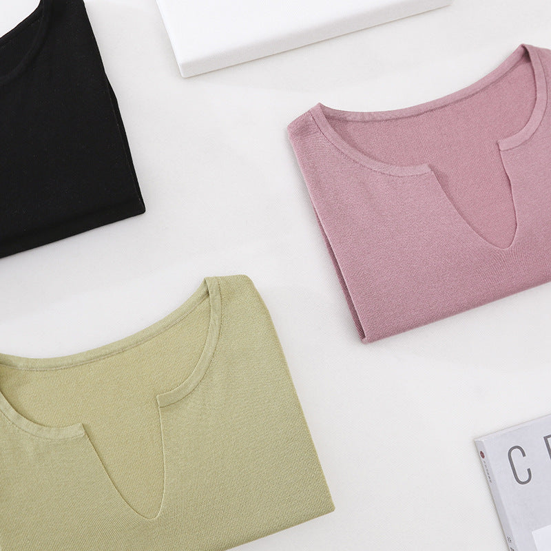 Damen Leichtes Kurzarm-Feinstrickshirt mit V-Notch-Ausschnitt und lockerem Fall Echo Archiv