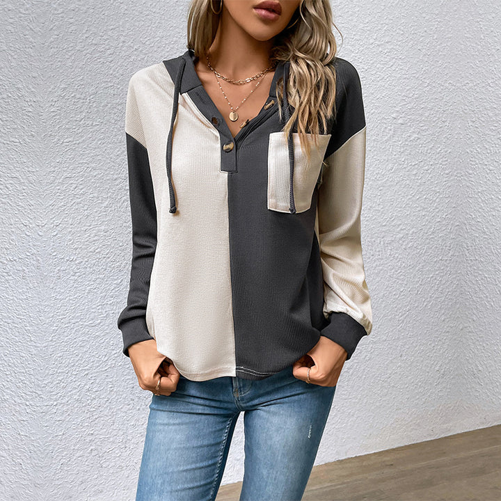 Damen Lässiges Colorblock-Hoodie-Henley mit Waffelstruktur und Brusttasche Echoarchiv