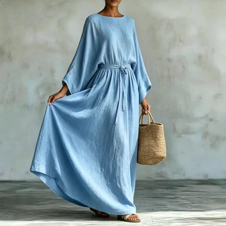 Damen Langes Leinenoptik Kaftankleid mit Tunnelzugbund und Fledermausärmeln – Valéora