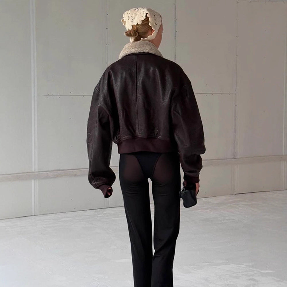 Damen Oversized Fliegerjacke im Biker-Bomber-Stil mit Teddykragen Echoarchiv
