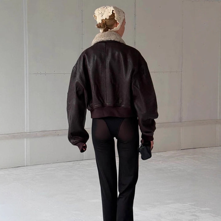 Damen Oversized Fliegerjacke im Biker-Bomber-Stil mit Teddykragen Echoarchiv