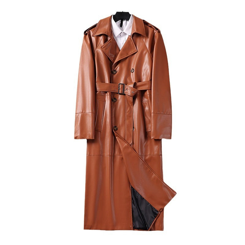 Herren Langer Kunstleder-Trenchcoat mit Doppelreiher, Taillengürtel und Schulterklappen Echoarchiv