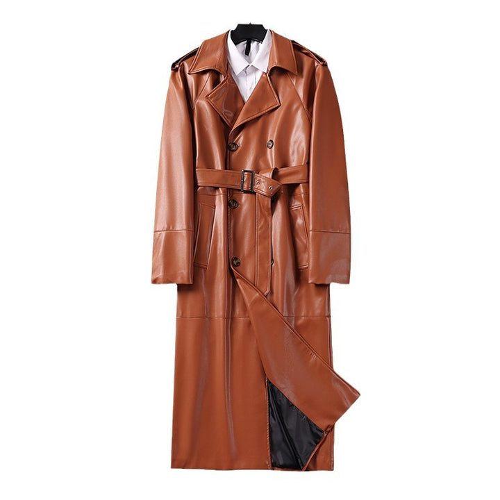 Herren Langer Kunstleder-Trenchcoat mit Doppelreiher, Taillengürtel und Schulterklappen Echoarchiv
