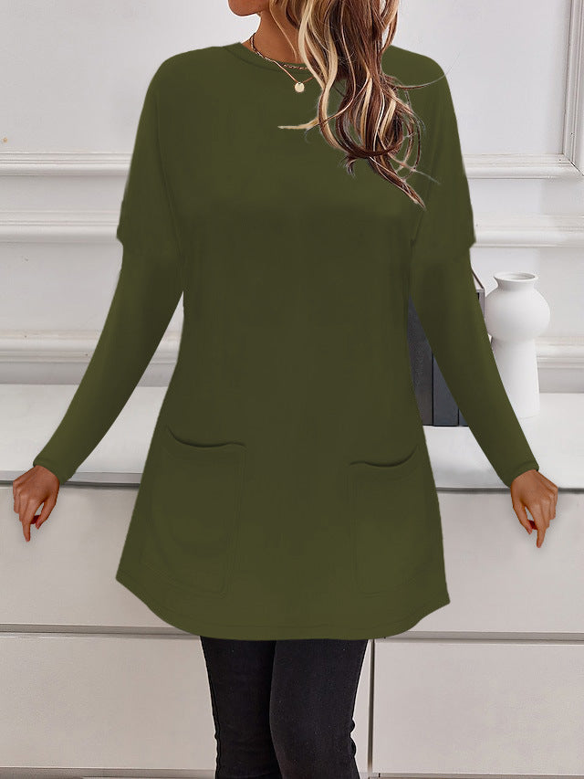 Damen Longline Feinstrick-Tunika mit Rundhalsausschnitt und aufgesetzten Taschen – Mavelle
