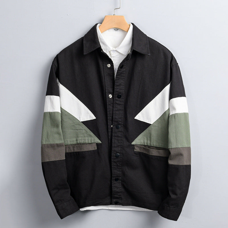 Herren Baumwoll-Overshirt im Layering-Stil mit geometrischen Colorblock-Einsätzen und Druckknopf-Leiste Echoarchiv