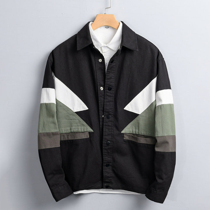 Herren Baumwoll-Overshirt im Layering-Stil mit geometrischen Colorblock-Einsätzen und Druckknopf-Leiste Echoarchiv