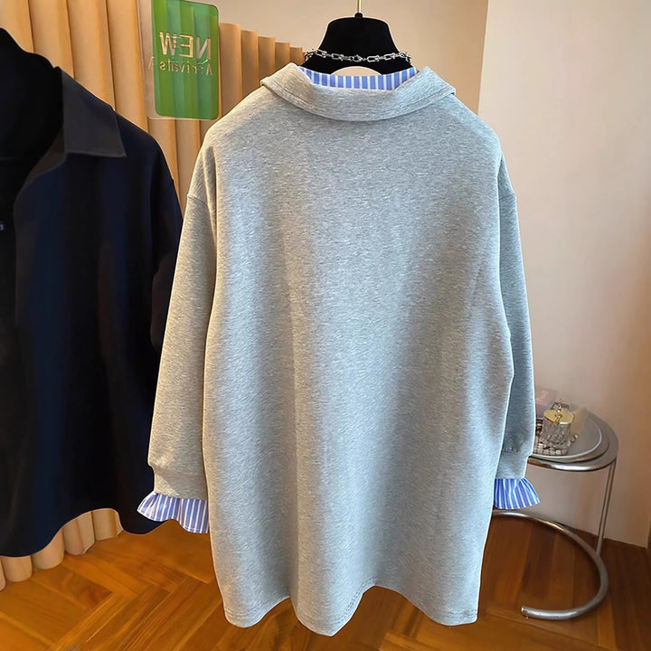 Damen Oversized Sweatshirt mit Hemdkragen-Optik und gestreiften Manschetten – Avérine