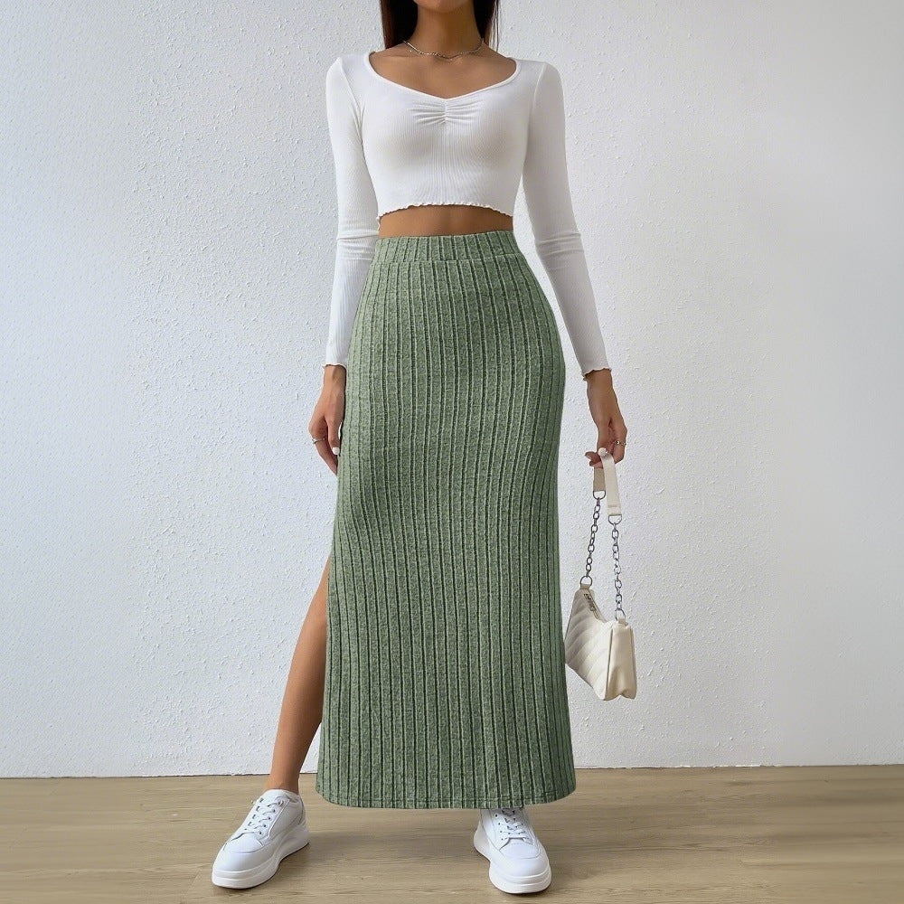 Damen gerippter Midirock mit hohem Bund und figurumspielender A-Linie – Rosévia