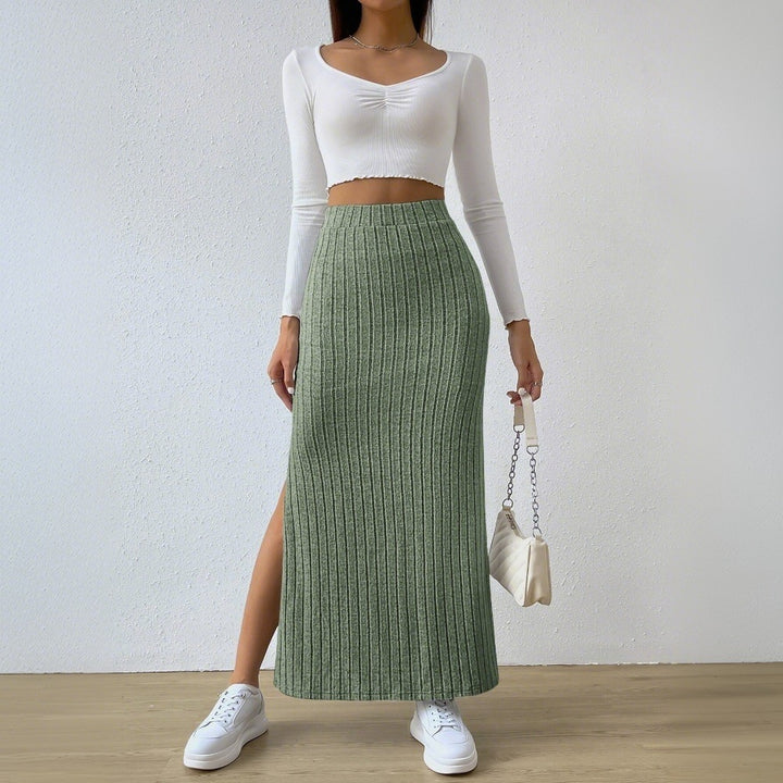 Damen gerippter Midirock mit hohem Bund und figurumspielender A-Linie – Rosévia